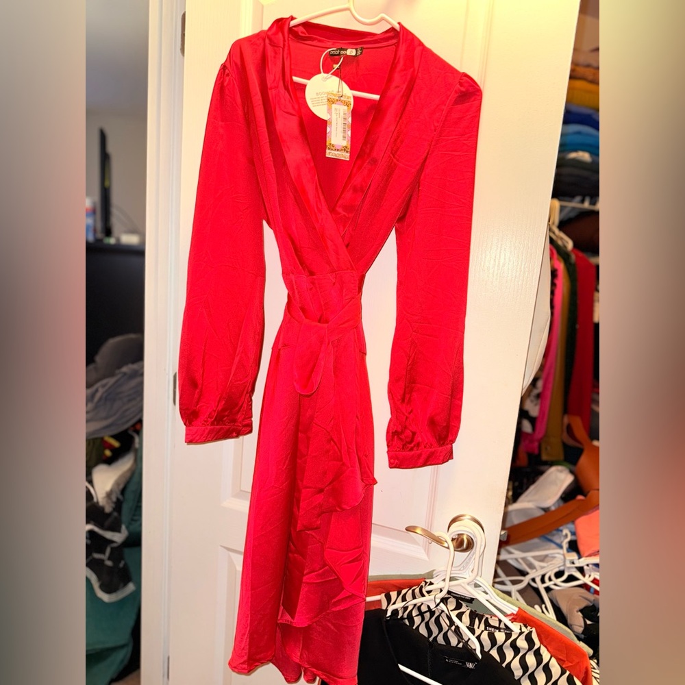 Boohoo Red Wrap Bishop Sleeve Dress